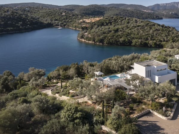 Pacifica rising handsomely above Balou Bay on the northern tip of Meganissi.